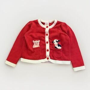 Gymboree Girls Red Farm Cardigan Sweater Cow Sheep 12–18 Months Cotton